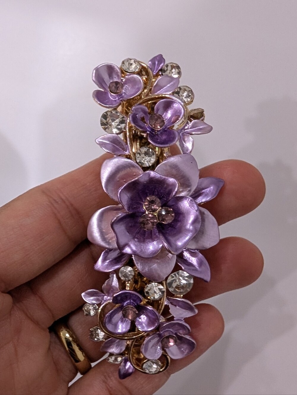 Purple Floral Enamel Metal Hair Barrette Tension Clip Spring